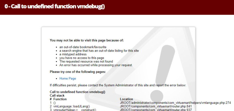 Error message data: 1 Call to undefined function vmdebug() in file: