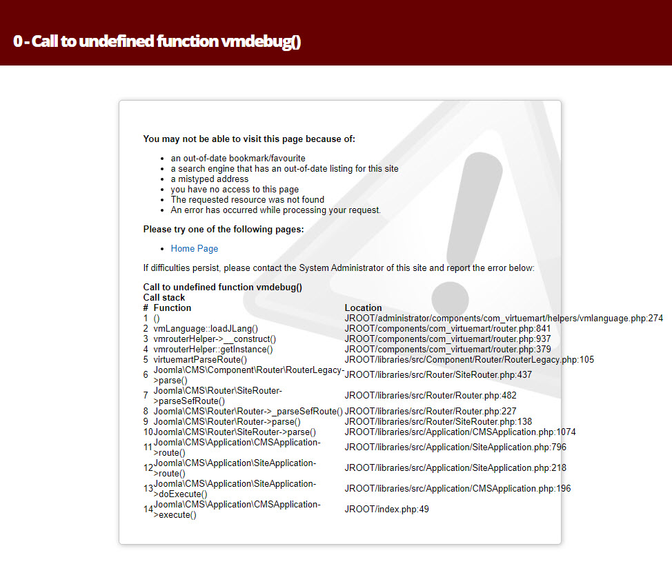 Error message data: 1 Call to undefined function vmdebug() in file