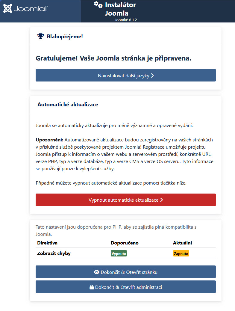 Úspěšně dokončená instalace Joomla 6