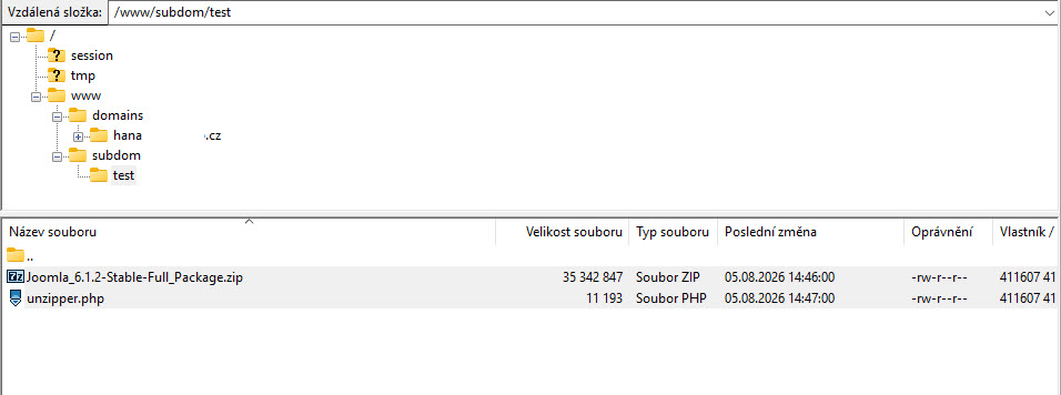 Nahrání instalačního balíčku Joomla na hosting