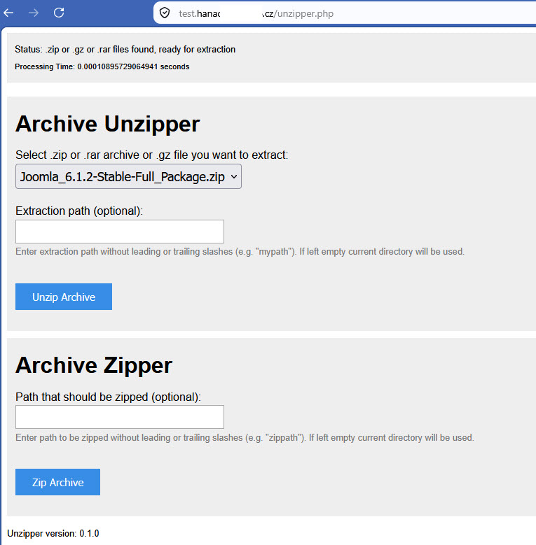 Rozbalení instalačního archivu Joomla na serveru