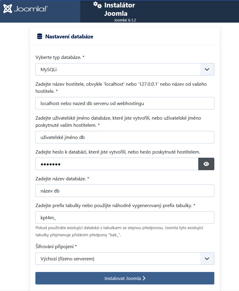 Joomla 6 – nastavení databázového připojení