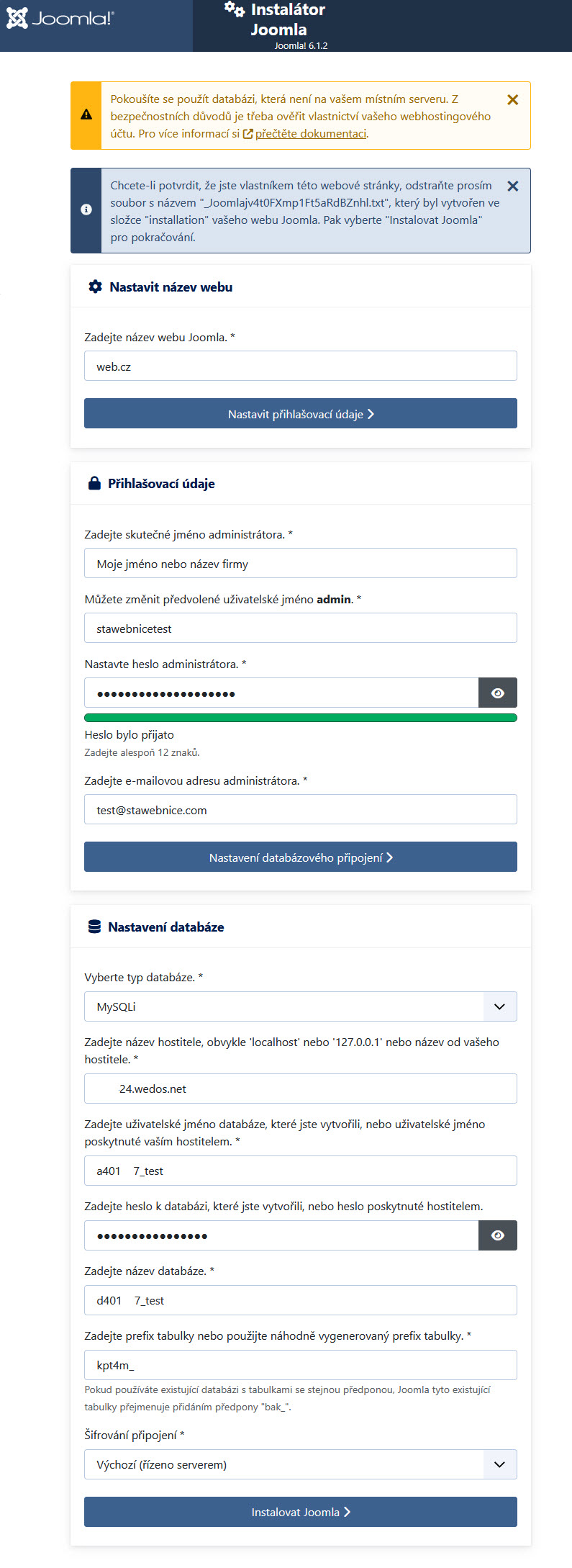 Souhrn vyplněného instalačního formuláře Joomla 6