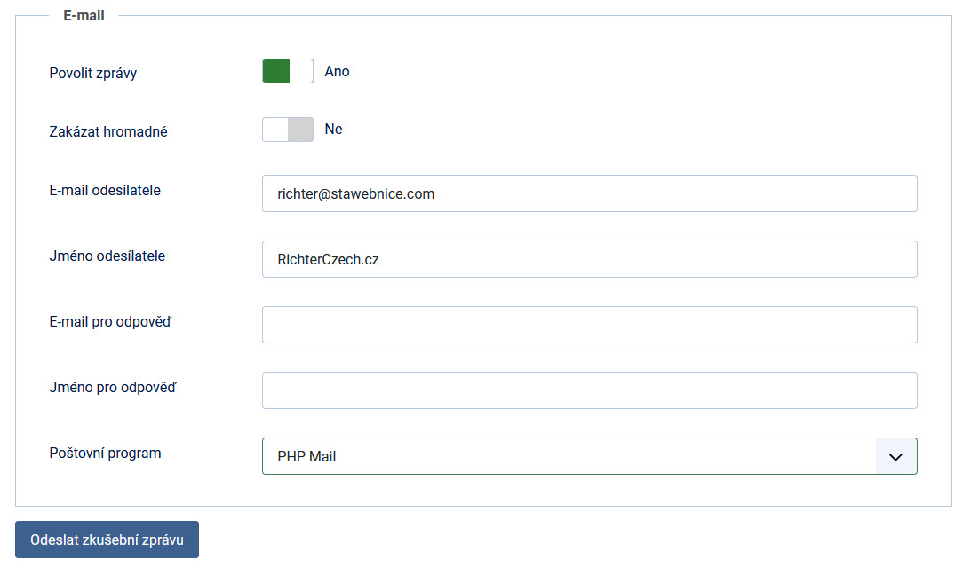 Nastavení PHP Mail v globálním nastavení Joomla