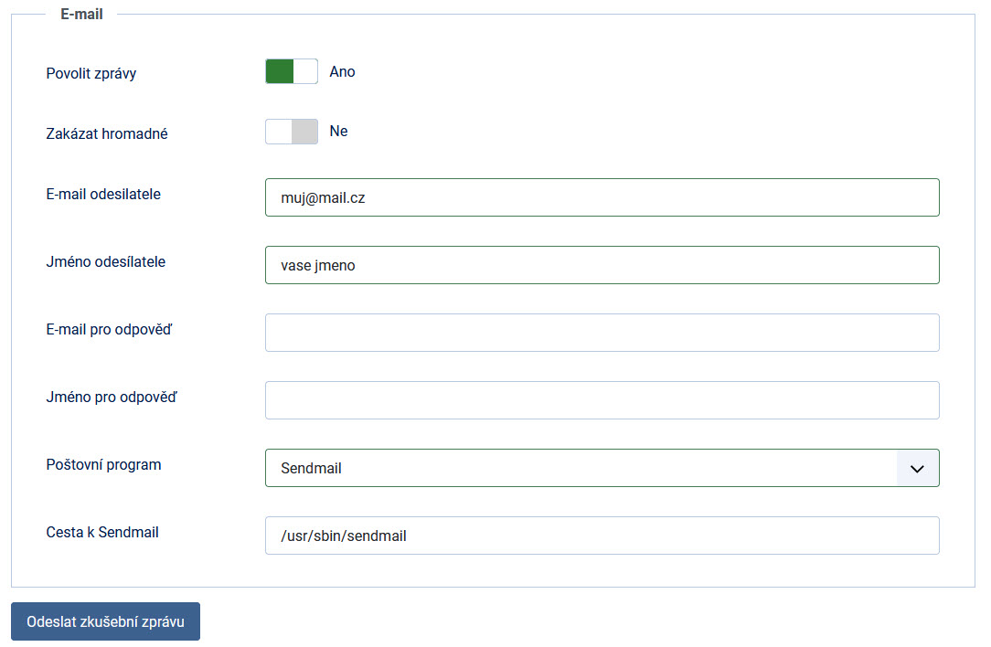 Nastavení Sendmail v globálním nastavení Joomla