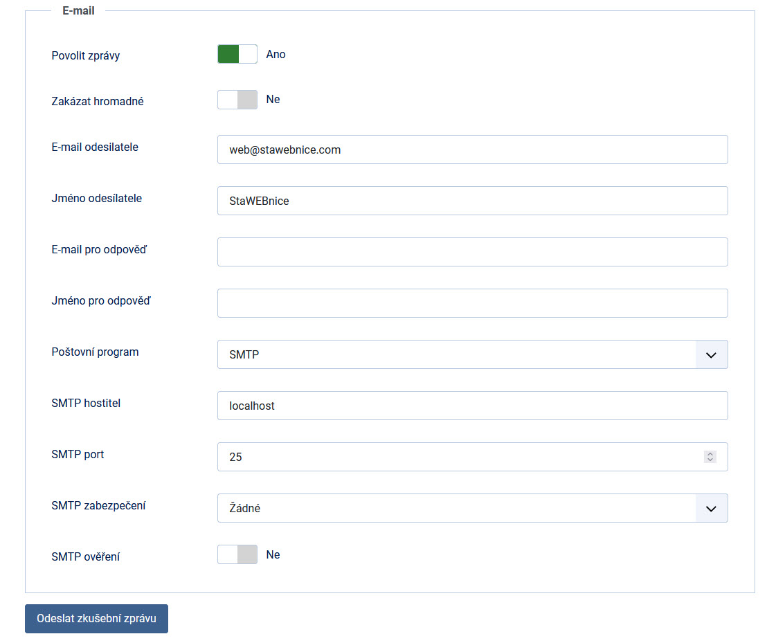 Nastavení SMTP v globálním nastavení Joomla