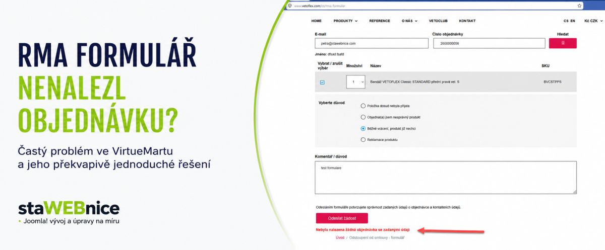 VirtueMart RMA formulář hlásí „Nebyla nalezena žádná objednávka“, přestože objednávka existuje
