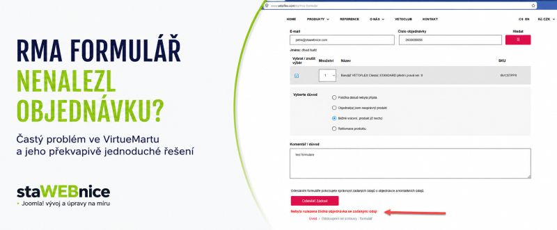 VirtueMart RMA formulář hlásí „Nebyla nalezena žádná objednávka“, přestože objednávka existuje